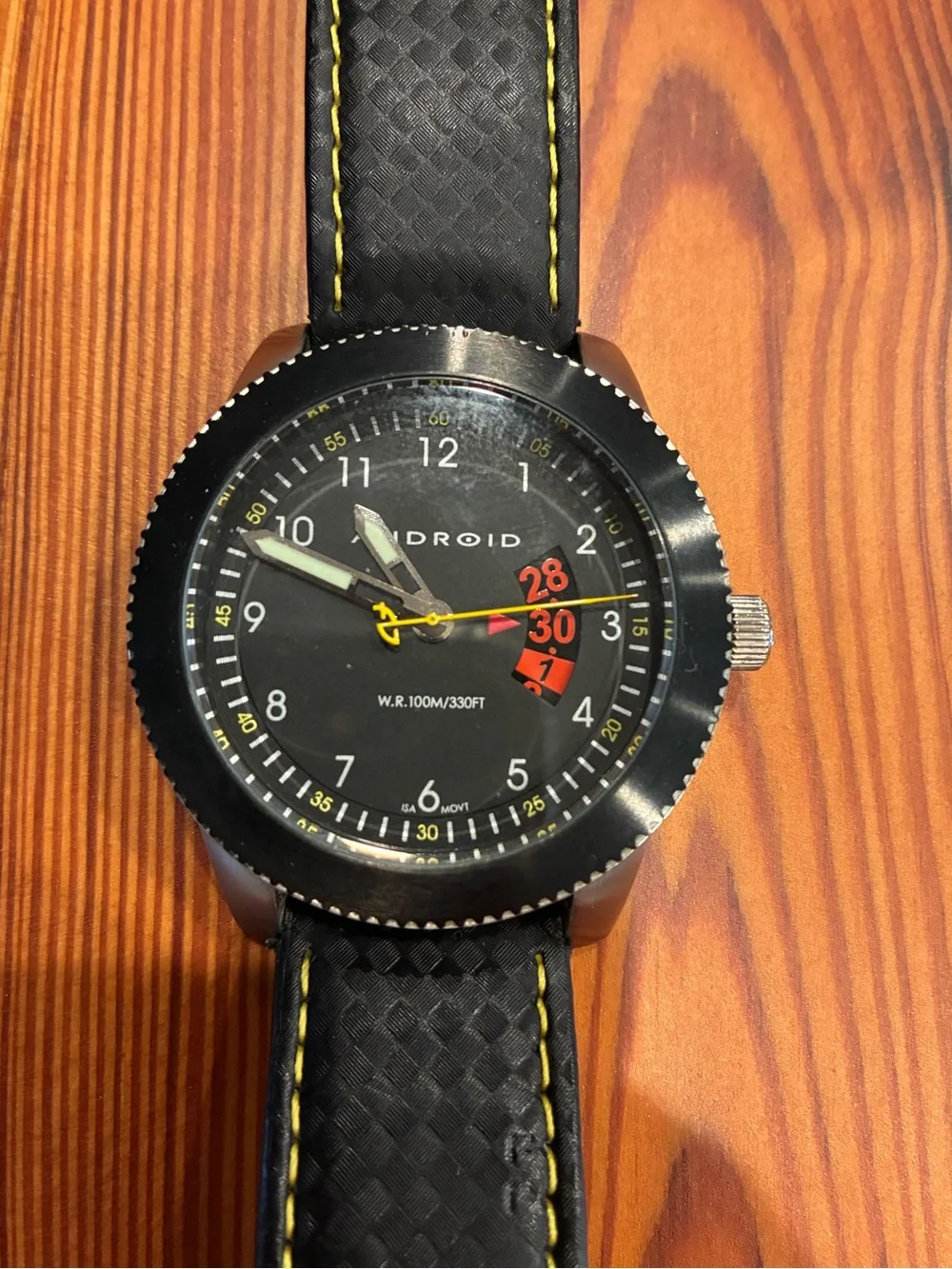 Android Men's Black Leather Watch with Yellow Stitching
